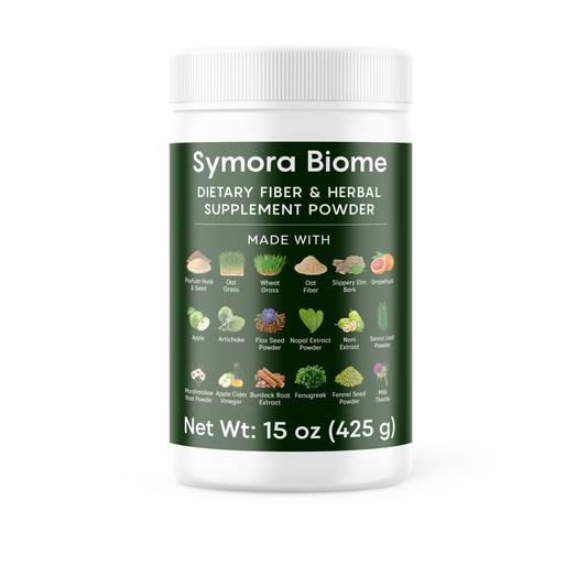 Symora Biome dietary fiber & herbal supplement powder container on a white background